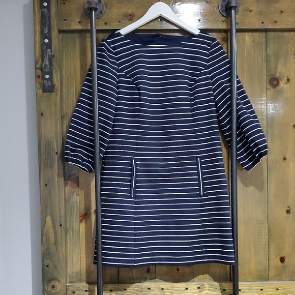 Navy Striped Dress Open Back Boat Neck Ponte Size 12P Coastal Nautical Preppy - Picture 1 of 7